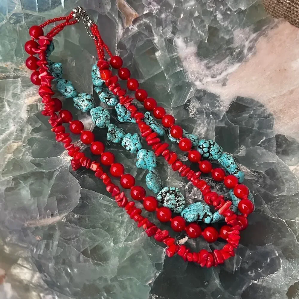 Bold Coral And Turquoise Beaded Necklace - Picture 4 of 5